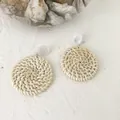 Bohemian geometric hand-woven rattan earrings with stylish white acrylic stud detail - Large Solid Round Style