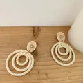 Bohemian woven straw dangle earrings with triple nested rings and wooden stud - Light Color Rattan (B75)