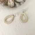 Bohemian rattan drop earrings with cream pearl studs and large straw waterdrop charms - Waterdrop Style