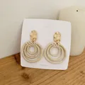 Bohemian triple rattan hoop drop earrings with golden hammered metal studs for women - Metal Top Rattan Style (B76)