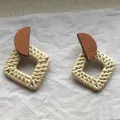 Handmade bohemian rattan earrings with geometric wood and white woven square pendants - Square Rattan Woven / Brown Semicircle Wood