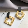 Handmade straw earrings with black geometric top and square rattan weave in retro style - Square Rattan Woven / Black Semicircle Wood