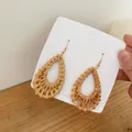 Bohemian handmade rattan teardrop earrings with gold metal hooks on white card - Water Drop Bird's Nest Rattan Style (B44)