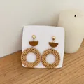 Bohemian vintage handmade woven rattan circle earrings with wooden accents and gold studs - New Rattan 52 (Dark Brown Wood Semi-Circle Ring)