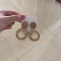 Handmade bohemian style wooden and round rattan woven drop earrings for women - Double Round Ring (Anna Style) / Natural Wood Color