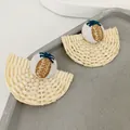 Exaggerated woven fan earrings with pineapple embroidery on wooden beige base - Pineapple Embroidery Woven Fan / Fan Pineapple Stud