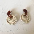 Bohemian rattan hoop earrings with dark brown acrylic C-studs on stone background - New Rattan Woven 39 (Tortoiseshell Top Cream Ring)