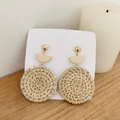 Handmade bohemian rattan earrings with golden studs and beige semi-circular details - New Rattan Woven 53 (Layered Gold Dome Circles)