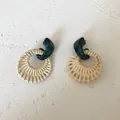 Detail of teal marble resin stud and hand-woven beige rattan ring drop earring - New Woven Rattan 38 (Blue Patterned Top Beige Ring)