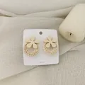 Elegant woven flower earrings with white petals and rattan hoops on fabric background - Light Color Rattan Style (B96)