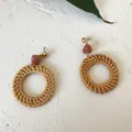 Bohemian rattan hoop earrings with resin beads and gold studs on stone background - New Rattan Woven Style 56 (Brick Red Top & Large Ring)
