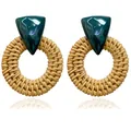 Bohemian triangle resin and round rattan woven earrings on a clean white background - Dark Rattan - Dark Green