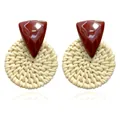 Bohemian triangle resin and round rattan woven earrings on a clean white background - Solid Round Wine Red