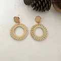 Handmade rattan woven hoop earrings with natural straw texture and gold studs - New Rattan 73 (Natural Wood Color Round Hook)