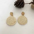 Handmade bohemian round rattan drop earrings with gold metal frame on natural background - New Rattan Woven Large Round Pendant 71 (Light Beige)