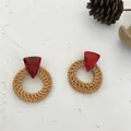 Rattan woven hoop earrings with red marble resin triangle in a natural rustic style - Dark Rattan - Red