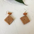 Handmade bohemian rattan earrings with geometric square weave and golden hooks - New Rattan 54 (Wooden Top, Golden Hook, Square Weave)