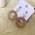 Bohemian style woven rattan round drop earrings with geometric wooden beads and gold studs - Gold Bead Beige Rattan Large Circle (A132)