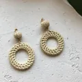 Bohemian geometric woven rattan drop earrings on natural stone background - New Style Rattan Woven 49 (Off-White Double Round Weave)