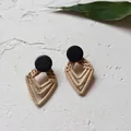 Bohemian geometric woven drop earrings with black studs on a minimalist background - New Rattan 33 (Black Top Double-Layer Diamond Pattern)