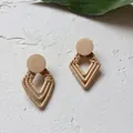 Ethnic retro geometric woven earrings with wooden studs and diamond rattan drop charms - New Woven Rattan 34 (Wooden Top Diamond Pattern)