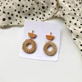 Handcrafted rattan hoop earrings with wood top and geometric circle design for summer - Woven Rattan 7 (Wooden Semicircle Large Ring)