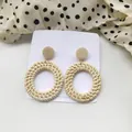 Handmade raffia straw woven round earrings in vintage bohemian beach style with wood texture - New Rattan Woven Large Hoop (Off-White)