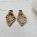 Bohemian geometric woven drop earrings featuring pineapple embroidery and natural raffia - New Rattan Woven 35 (Pineapple Diamond Embroidery)