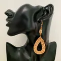 Bohemian drop earrings featuring handcrafted wood beads and woven rattan teardrop pendants - Geometric Rattan Water Drop Style (A23)