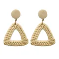Bohemian geometric woven rattan earrings with circular wooden studs and straw pendants - New Woven Rattan 24 (Large Triangle with Wooden Top)