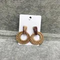 Bohemian geometric earrings with amber resin studs and woven rattan drop pendants - Dark Rattan Coffee
