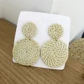 Bohemian double round rattan woven drop earrings for women on white display card - Double Layer Round Rattan (Light Color)