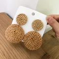 Handmade bohemian double round rattan drop earrings for women on wooden background - Double Layer Round Rattan (Deep Color)