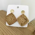 Square woven rattan drop earrings with gold metallic round studs in bohemian style - Deep Color Solid Square Rattan
