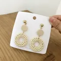 Bohemian style geometric round woven rattan drop earrings with gold metal stud - Light Color Small Wood Disc Rattan (B35)