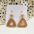 Handmade bohemian woven rattan triangle drop earrings with cream cotton beads for vacation - New Woven Rattan 4 (Colorful Thread Balls Triangle)