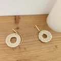 Bohemian multilayer gold metal and white woven rattan hoop drop earrings on wood - Light Color Round Rattan (A135)