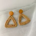 Bohemian handmade rattan earrings with wooden studs and hollow triangle pendants - Dark Triangle