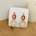 Bohemian woven rattan earrings with amber resin links and gold bead studs for women - Light Color Rattan (B88)