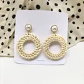 Handmade rattan hoop earrings with pearl stud details and golden accents for summer - Light Color Round With Pearl