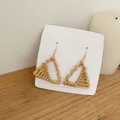 Minimalist handmade geometric triangle rattan earrings with golden metal hooks for women - Dark Color Rattan (B41)