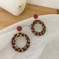 Ethnic style round leopard print woven earrings with reddish-brown studs on a textured base - Red-Brown Round Stud Style (Style B89-2)
