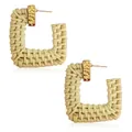 Bohemian square rattan earrings with gold textured metal accents on white background - Square Style