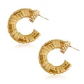 Handmade bohemian C-shaped rattan earrings with textured gold metal and natural straw weave - Dark Semi-circle C-shape Rattan / Dark Beige and Gold