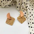Handmade bohemian rattan and wood geometric drop earrings with brown semi-circle stud - New Semicircle Wooden Spliced Rattan