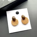 Retro oorbellen van marmerhars met handgeweven ronde rotan hangers boho-stijl - Koffie Donker Rotan