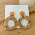 Bohemian round hand-woven rattan drop earrings with natural wood stud and hollow circle design - Hollow Circle
