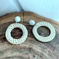 Bohemian handmade woven hoop earrings with white beads on a natural wood background - White Bead Stud Woven Circle Style (A27)