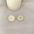 Handmade cream geometric rattan round stud earrings with premium woven texture detail - New Rattan Woven Style 37 (Off-White Round Stud Weave)