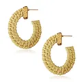 Handmade Bohemian C-shaped rattan woven hoop earrings with hammered gold metal studs - Oval Design